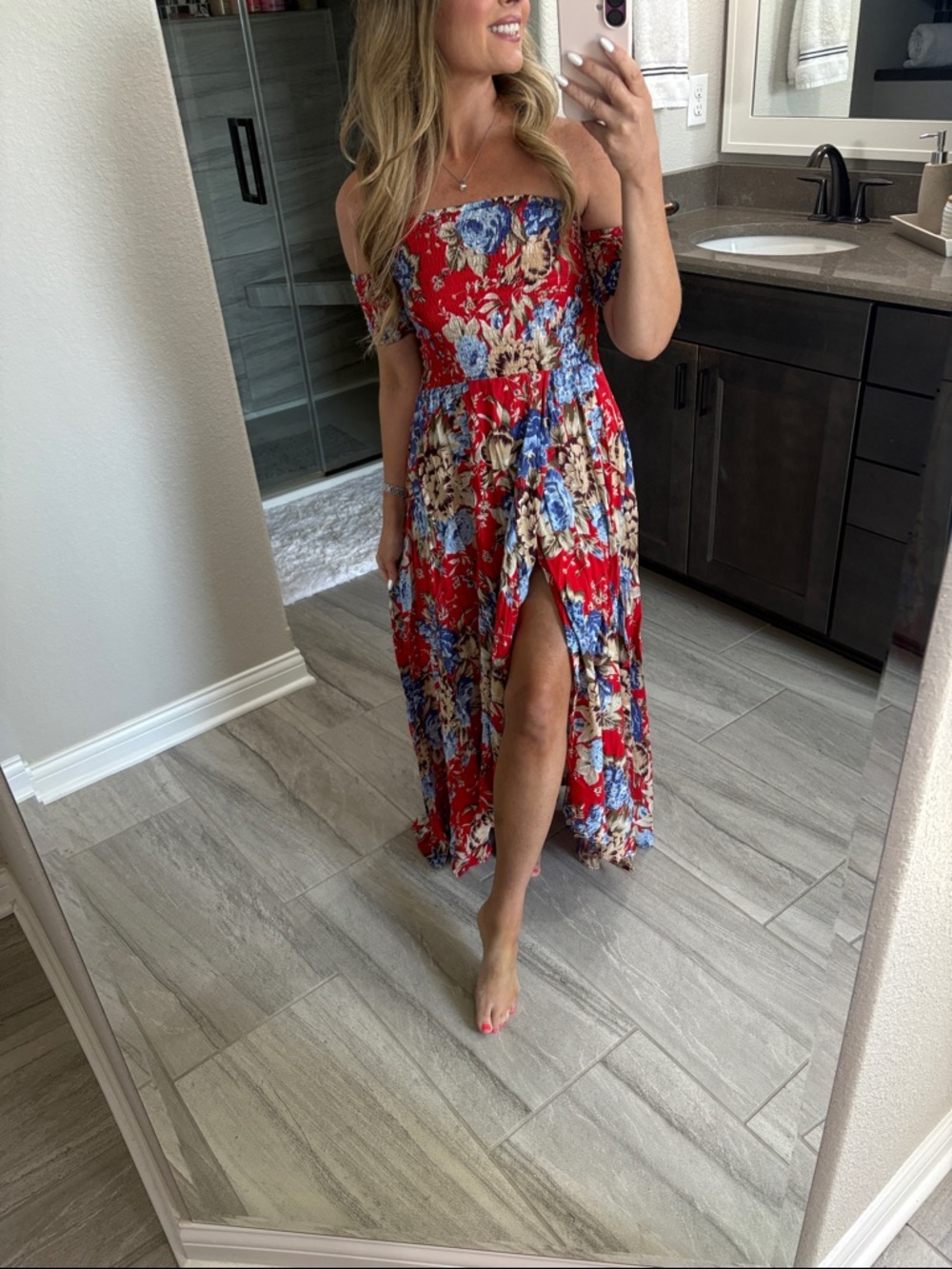 Auguste The Label Red Floral Off-Shoulder Maxi Dress with Blue & Cream Accents